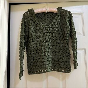 Open Knit Fishnet Crochet Hooded V-Neck Sweater in Olive Green Size Medium